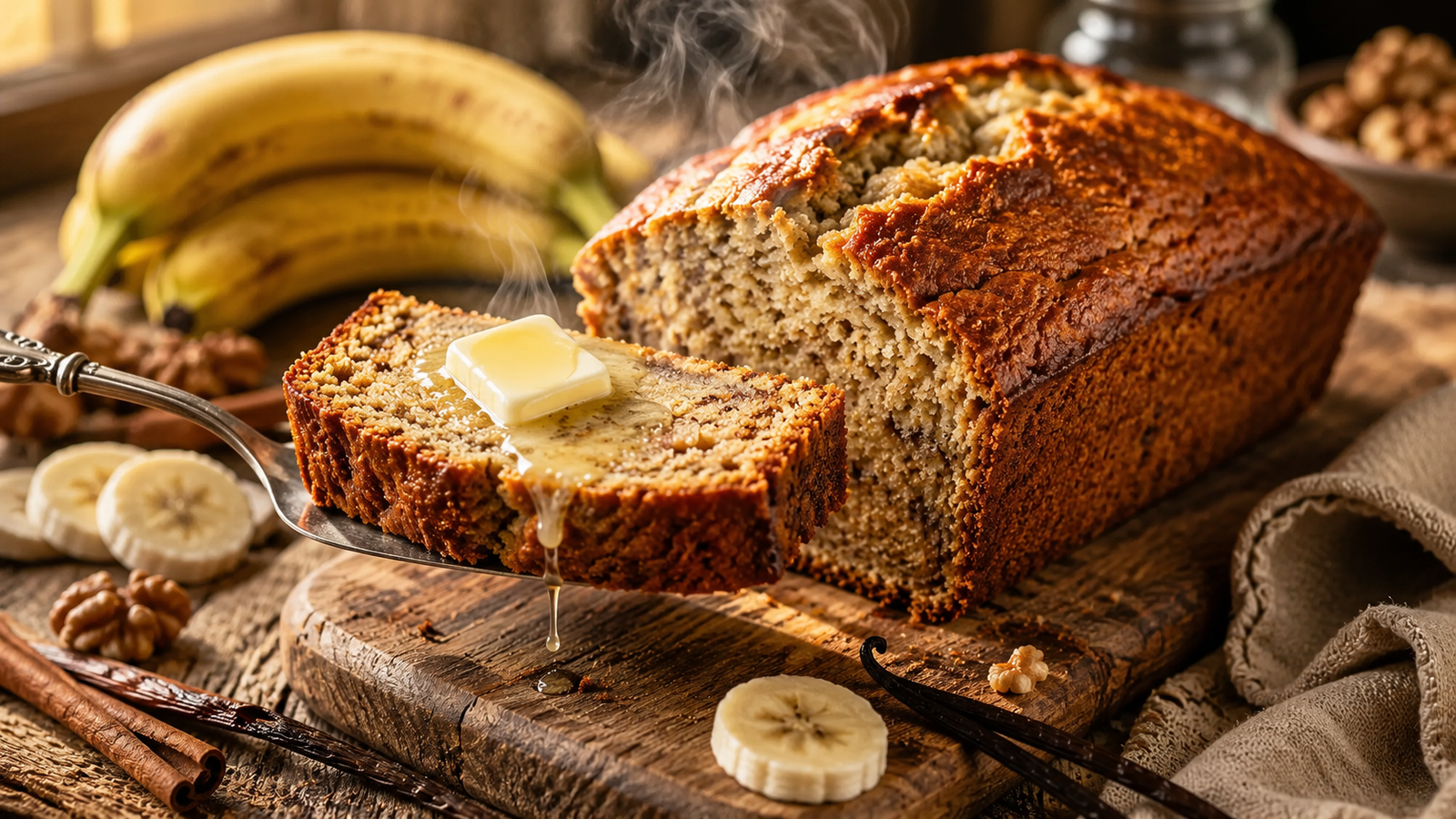 Classic Banana Bread with a golden crust and a warm slice lifted on a vintage cake server, topped with melting butter and surrounded by fresh banana slices, walnuts, cinnamon sticks, and vanilla beans.