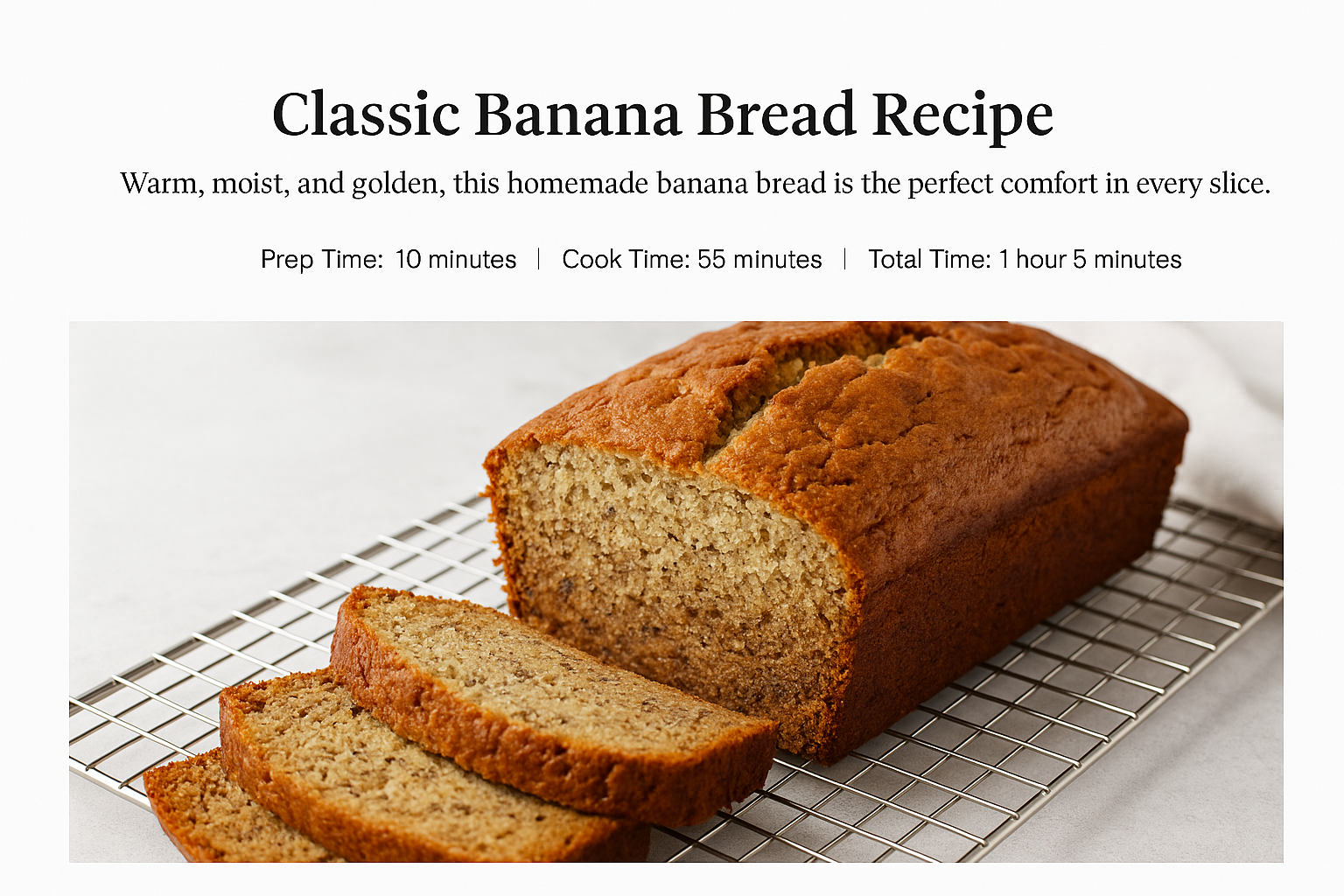 Golden homemade banana bread loaf sliced on a cooling rack, showing its moist, fluffy texture.