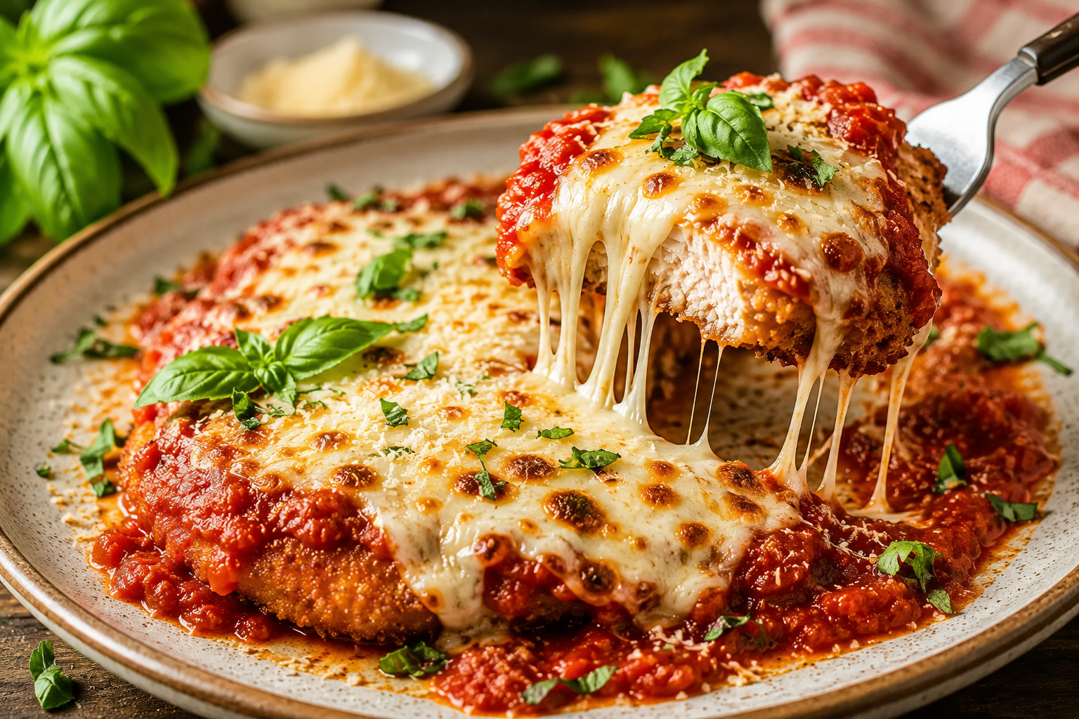 Crispy chicken Parmesan topped with marinara sauce and melted mozzarella cheese, with a fork lifting a cheesy bite from the plate.