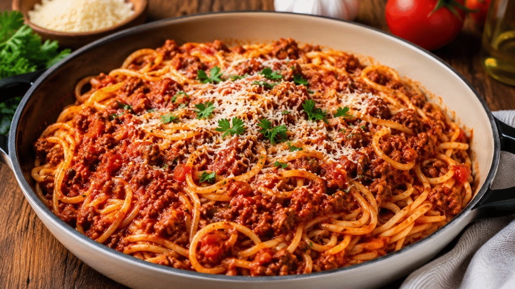 Hearty Spaghetti Bolognese served in a rustic skillet, featuring perfectly cooked spaghetti coated in a rich, slow-simmered meat sauce, finished with freshly grated Parmesan and parsley.