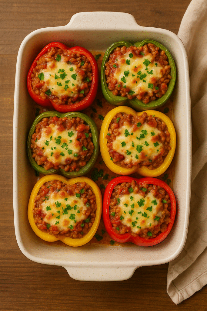 Colorful stuffed bell peppers baked with melted cheese and parsley in a rustic dish.