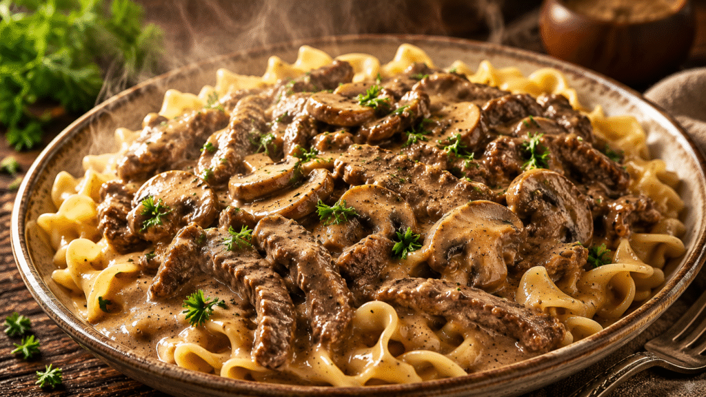 Classic Beef Stroganoff served over buttery egg noodles with tender strips of beef, sautéed mushrooms, and a rich creamy sauce, garnished with fresh parsley.