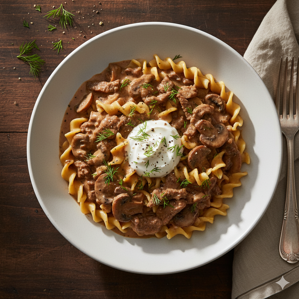 Bowl of creamy beef stroganoff served over egg noodles, garnished with parsley.
