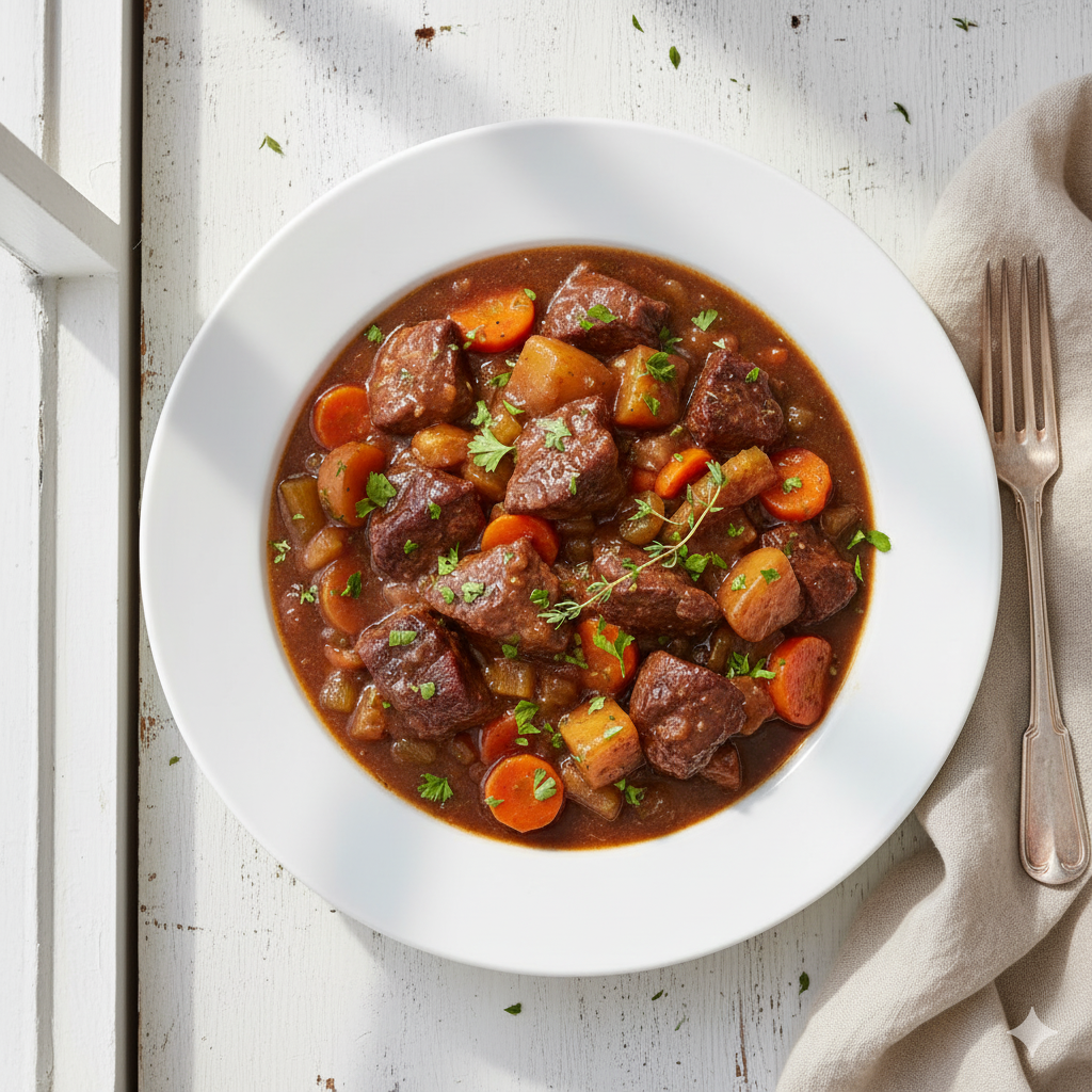 Overhead view of a bowl of hearty beef stew with tender beef chunks, carrots, potatoes, and celery in rich brown broth.