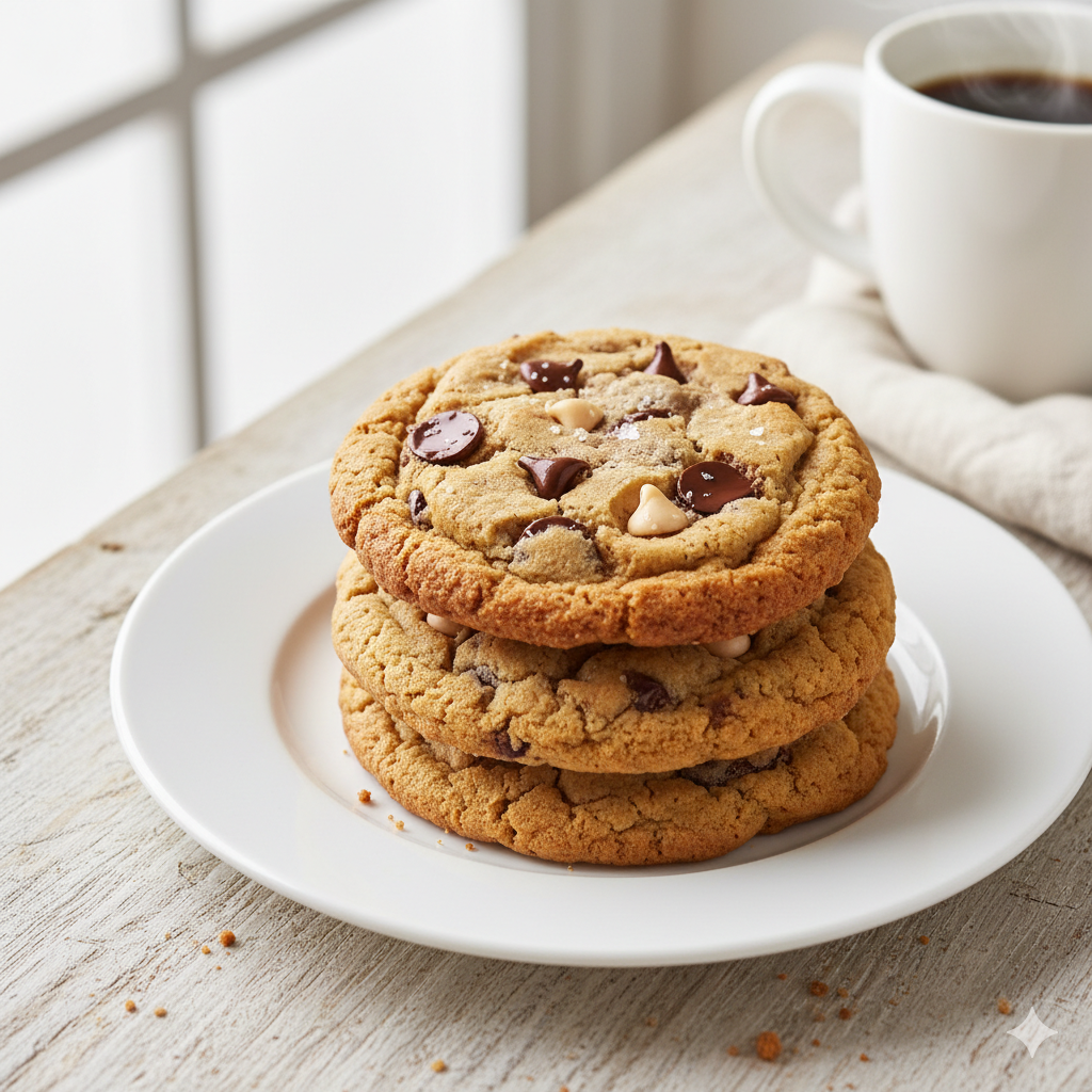 Golden-brown crispy-edge chocolate chip cookies stacked on a white plate, with melted chocolate chips and a few crumbs on a marble surface