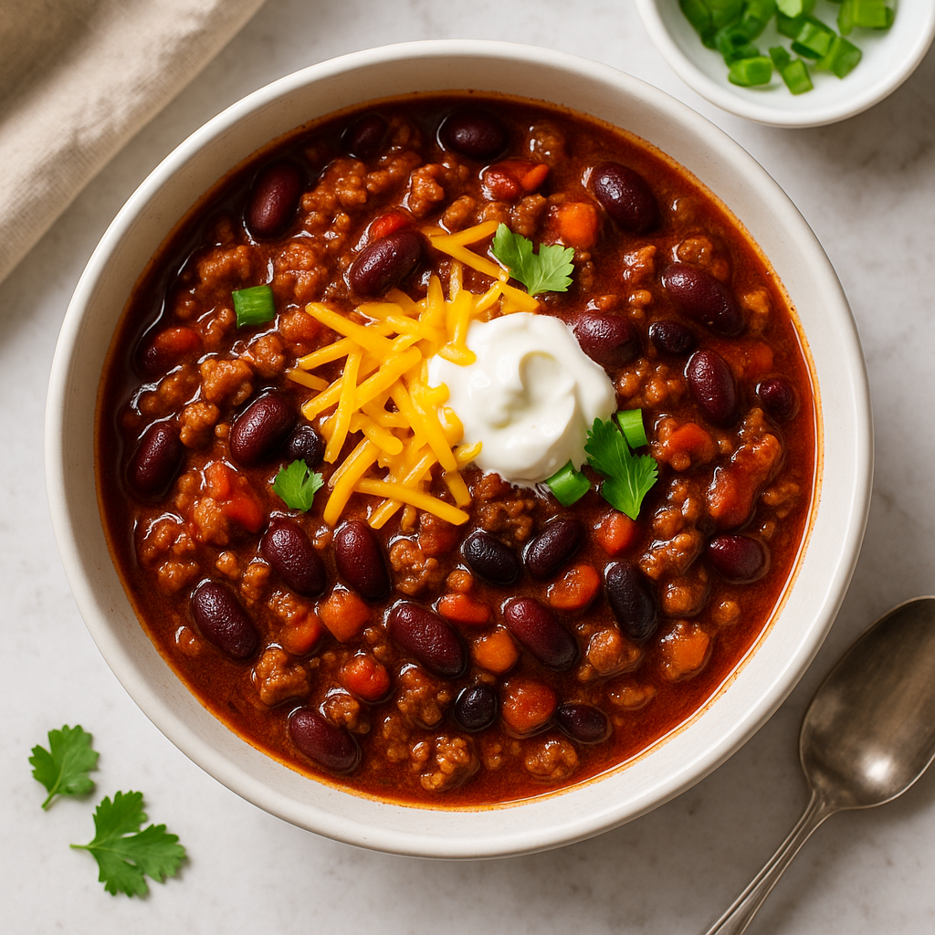 A bowl of a hearty homemade chili topped with melted cheddar cheese, sour cream, and chopped green onions, served on a marble surface in bright natural lighting