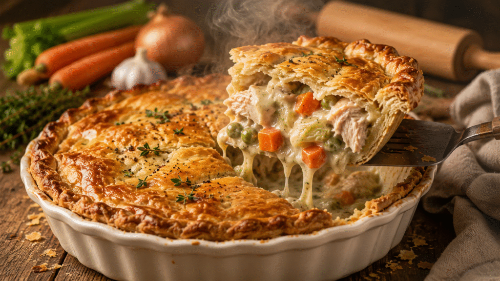 Old-Fashioned Chicken Pot Pie with a flaky golden crust and the first slice lifted from a rustic ceramic pie dish, revealing a creamy filling of tender chicken, carrots, peas, celery, onions, and rich herb-infused sauce.