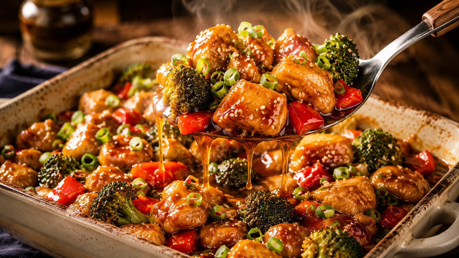 Honey Garlic Chicken Casserole with tender glazed chicken, roasted broccoli, red peppers, sesame seeds, and green onions in a rustic baking dish.