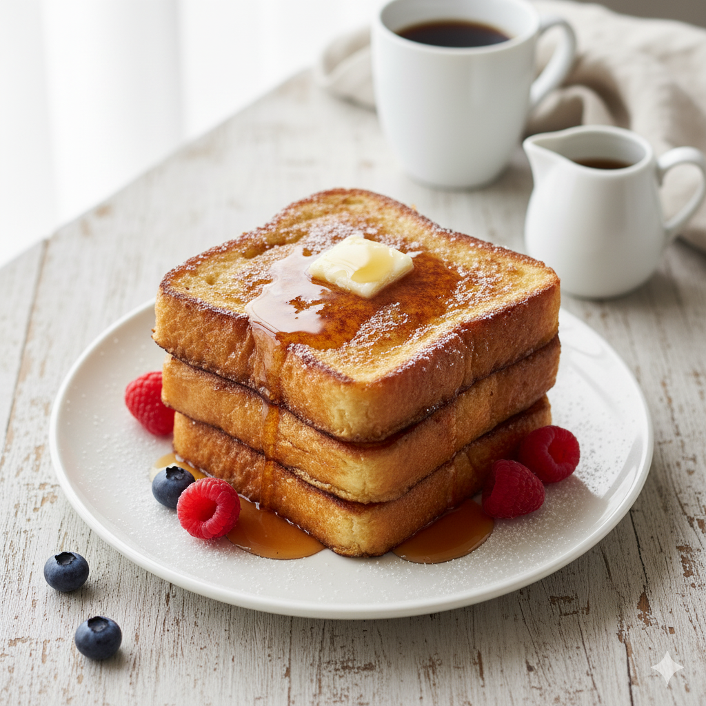 Stack of golden-brown French toast topped with melting butter, maple syrup drizzle, and a dusting of powdered sugar on a white plate