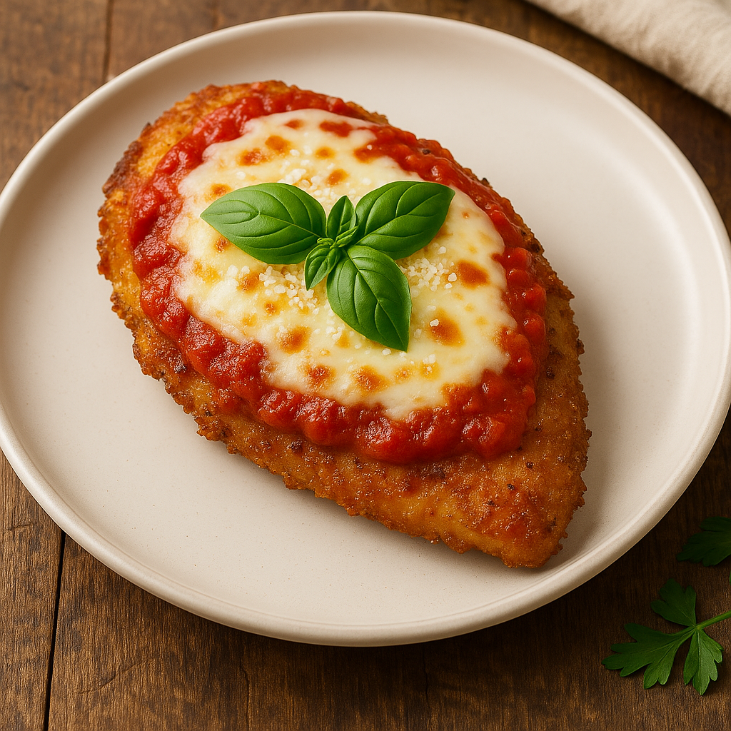 Chicken Parmesan topped with marinara sauce, melted mozzarella, and fresh basil on a white plate.