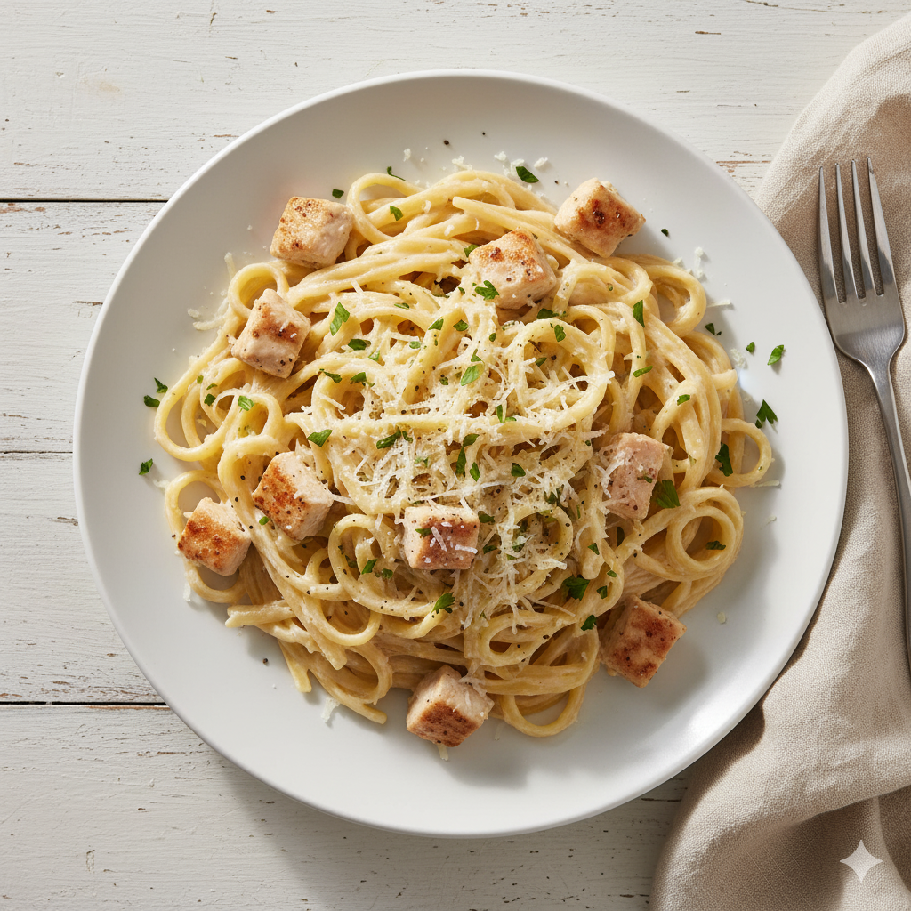 creamy chicken Alfredo pasta with sliced chicken, parsley, and grated Parmesan in a white bowl.