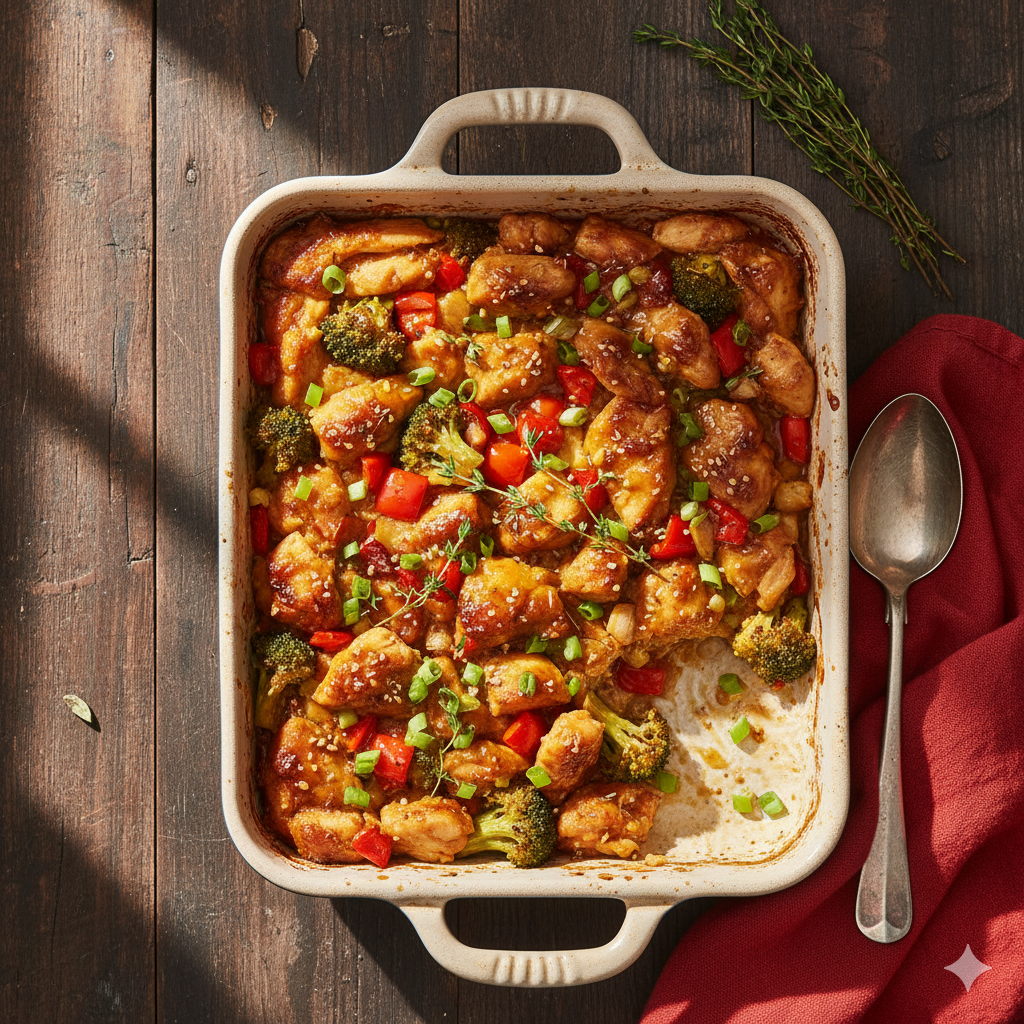 Honey garlic chicken casserole in a white dish with peas, carrots, sesame seeds, and lemon slices