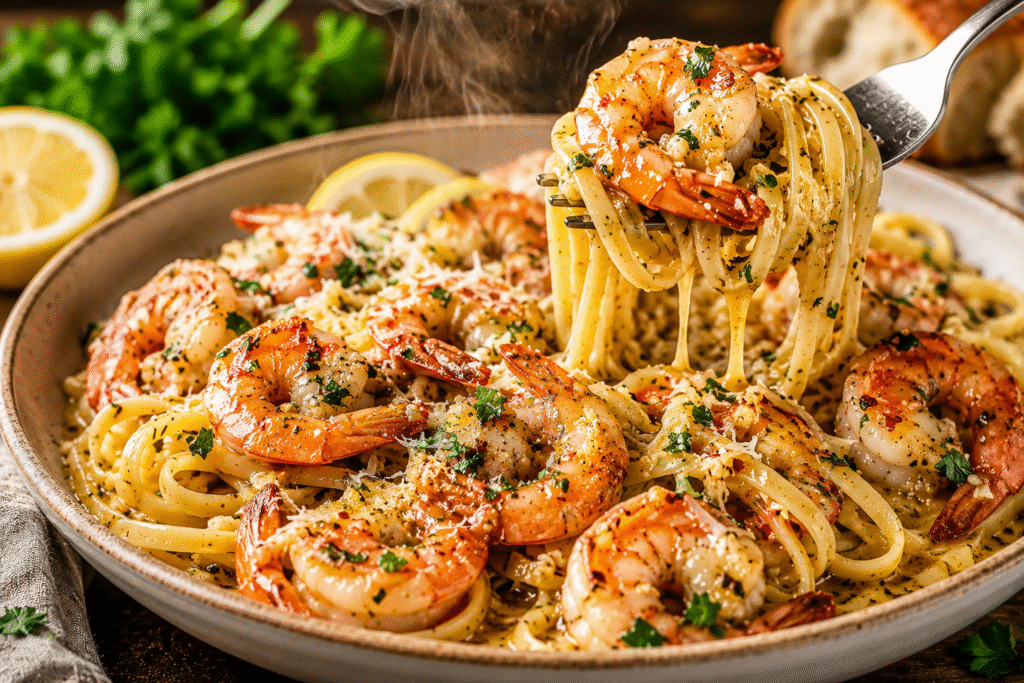 Garlic butter shrimp scampi served over linguine, with a fork twirling pasta and juicy shrimp coated in a rich lemon garlic butter sauce.