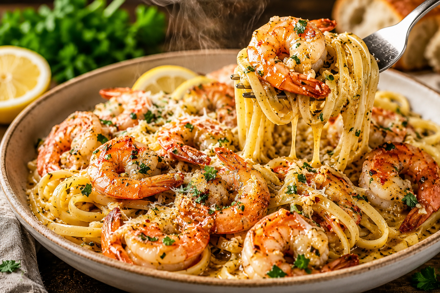 Garlic butter shrimp scampi served over linguine, with a fork twirling pasta and juicy shrimp coated in a rich lemon garlic butter sauce.