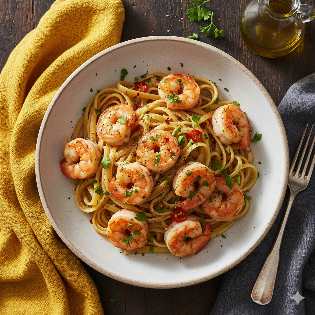 Shrimp scampi served over linguine pasta with garlic butter sauce, parsley, and lemon slices.