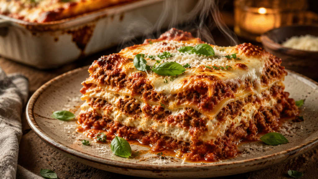 Thick slice of homemade lasagna on a rustic ceramic plate with visible layers of pasta, rich meat sauce, creamy ricotta, melted mozzarella, fresh basil, and grated Parmesan.