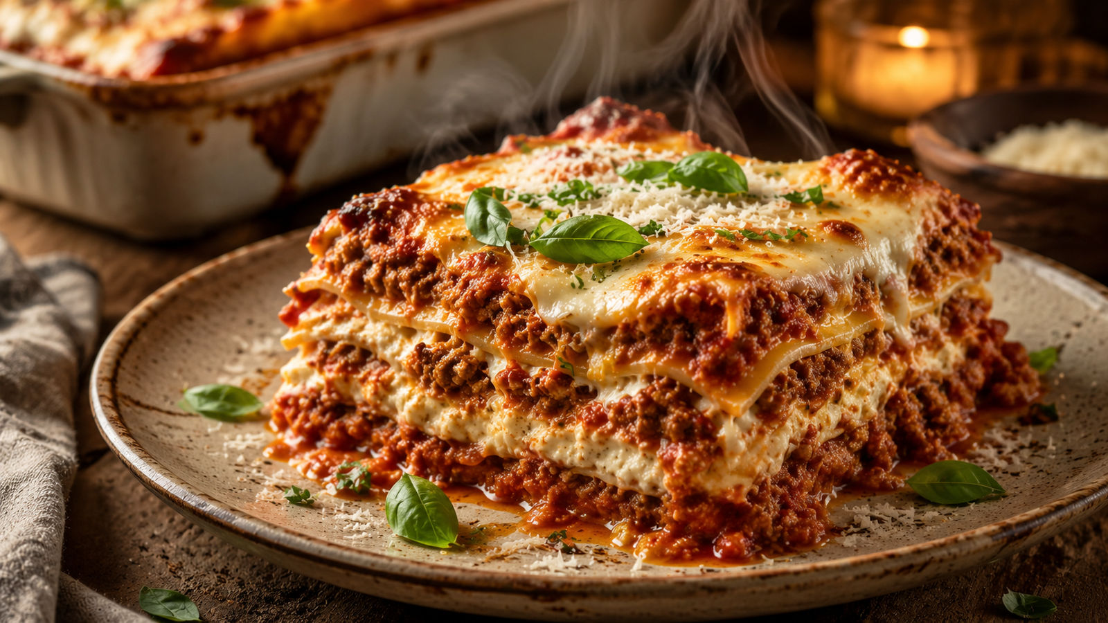 Thick slice of homemade lasagna on a rustic ceramic plate with visible layers of pasta, rich meat sauce, creamy ricotta, melted mozzarella, fresh basil, and grated Parmesan.