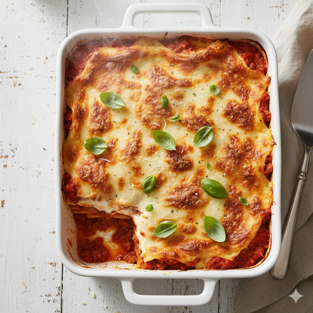 Hearty baked lasagna with golden melted cheese and parsley garnish.