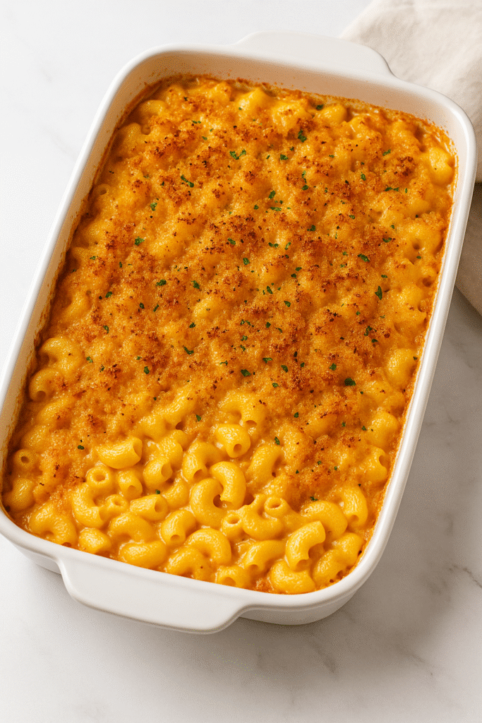 Crisp Topped Creamy Baked Macaroni & Cheese with a golden, crispy breadcrumb topping in a white dish.”