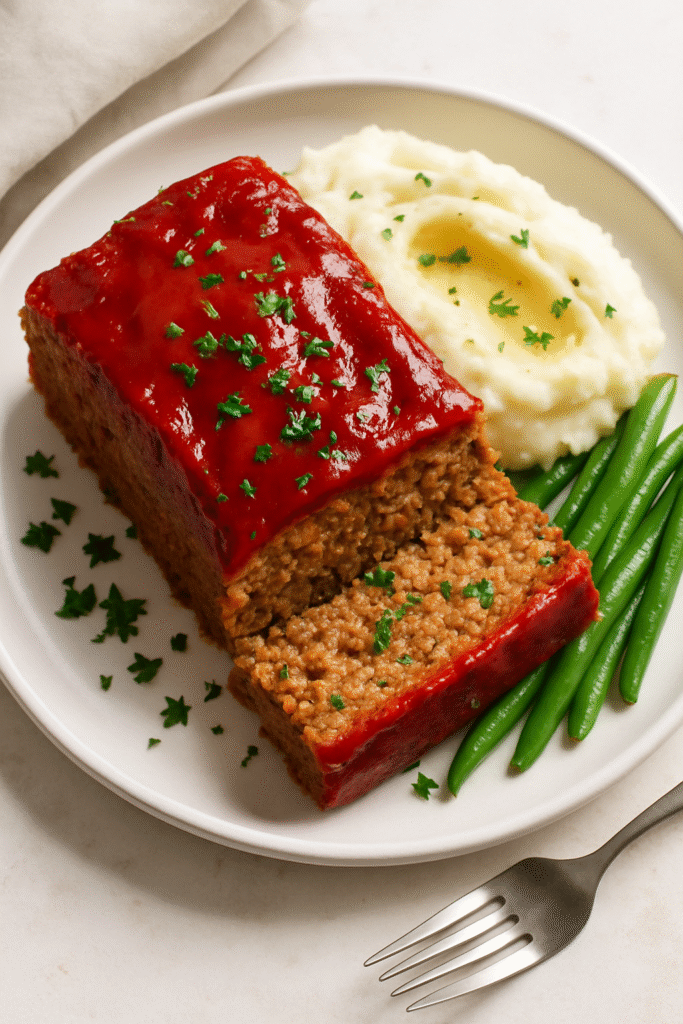 Overhead view of sliced family-style meatloaf on a white plate with a glossy ketchup glaze and parsley garnish