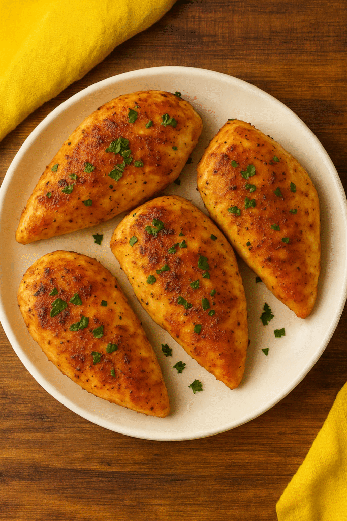 Juicy baked chicken breasts on a white plate, golden brown and sprinkled with fresh parsley.