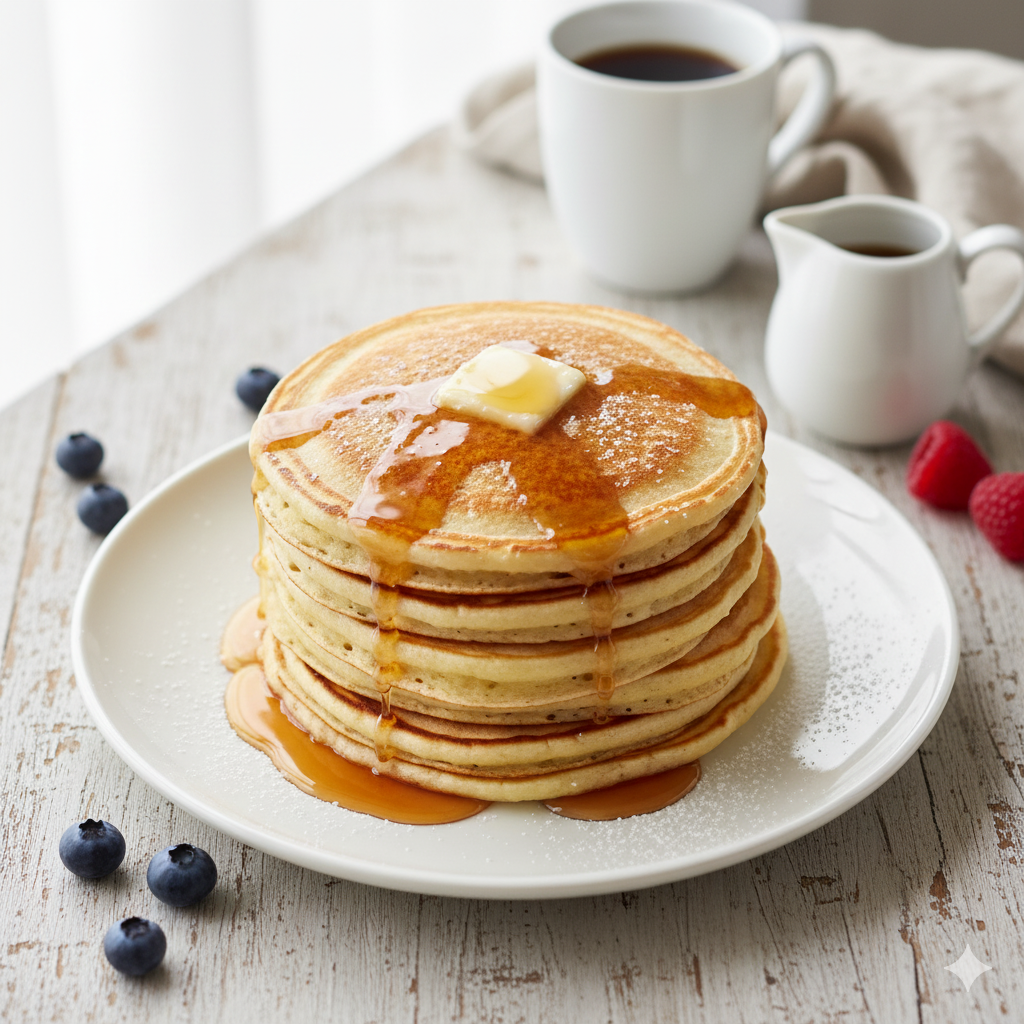 Stack of golden, fluffy pancakes topped with melting butter and maple syrup dripping down the sides on a white plate.