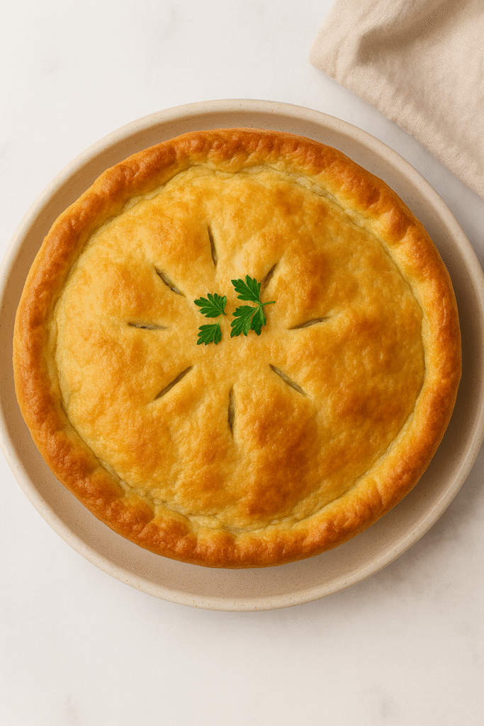 whole old-fashioned chicken pot pie with a golden flaky crust and parsley garnish.