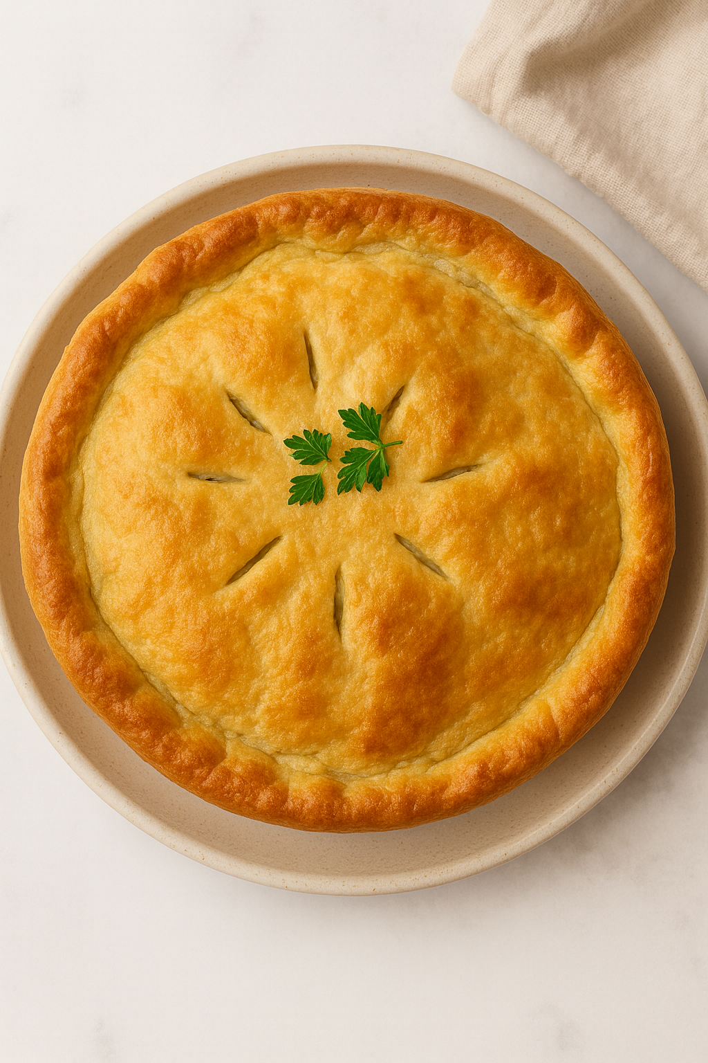 whole old-fashioned chicken pot pie with a golden flaky crust and parsley garnish.