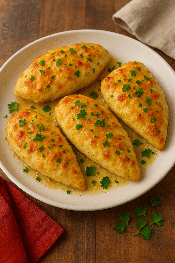 Baked ranch chicken topped with melted cheese and parsley on a white plate.