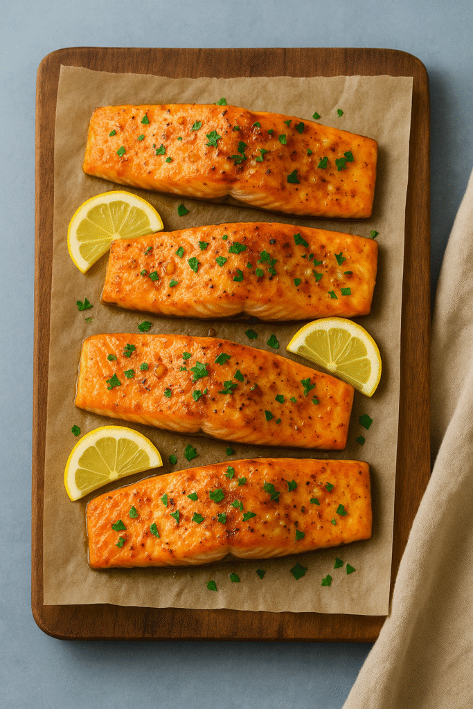Baked salmon fillets brushed with garlic butter, garnished with lemon slices and parsley on a wooden surface.
