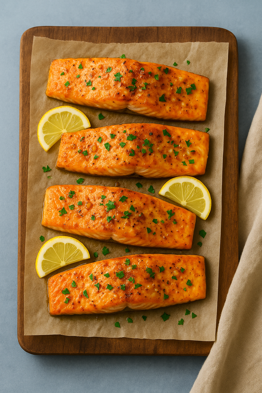 Baked salmon fillets brushed with garlic butter, garnished with lemon slices and parsley on a wooden surface.