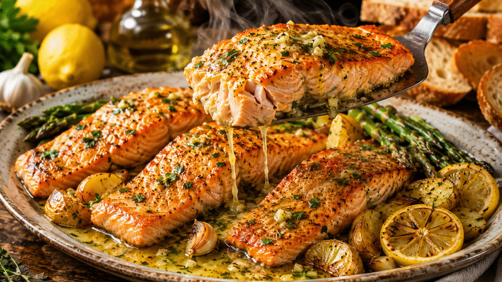 Garlic Butter Salmon served on a rustic ceramic platter with one flaky salmon fillet lifted on a serving spatula as rich garlic butter drips over asparagus, baby potatoes, roasted garlic, and fresh parsley.