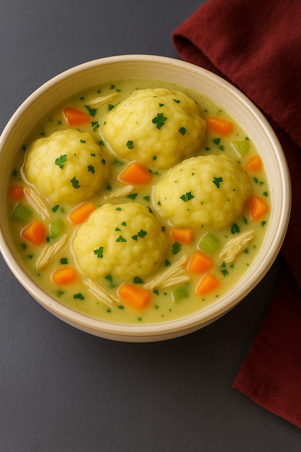 Creamy chicken and dumplings with tender chicken, carrots, and parsley garnish.