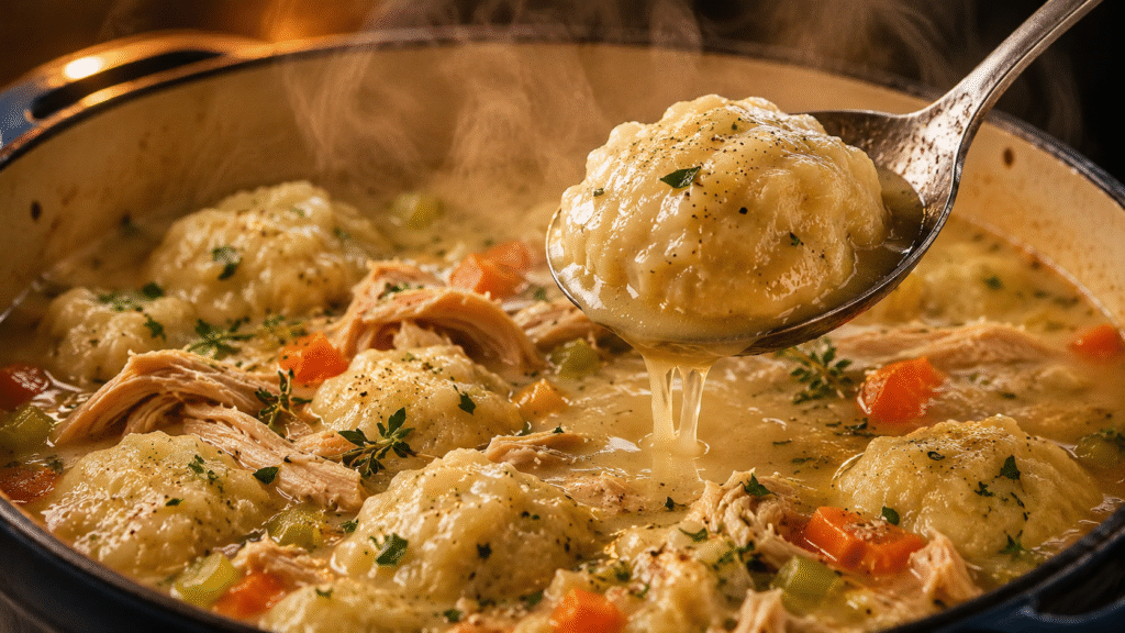 Southern Chicken and Dumplings with fluffy homemade dumplings, tender shredded chicken, carrots, celery, and creamy broth in a rustic Dutch oven, served with a spoon lifting a dumpling.