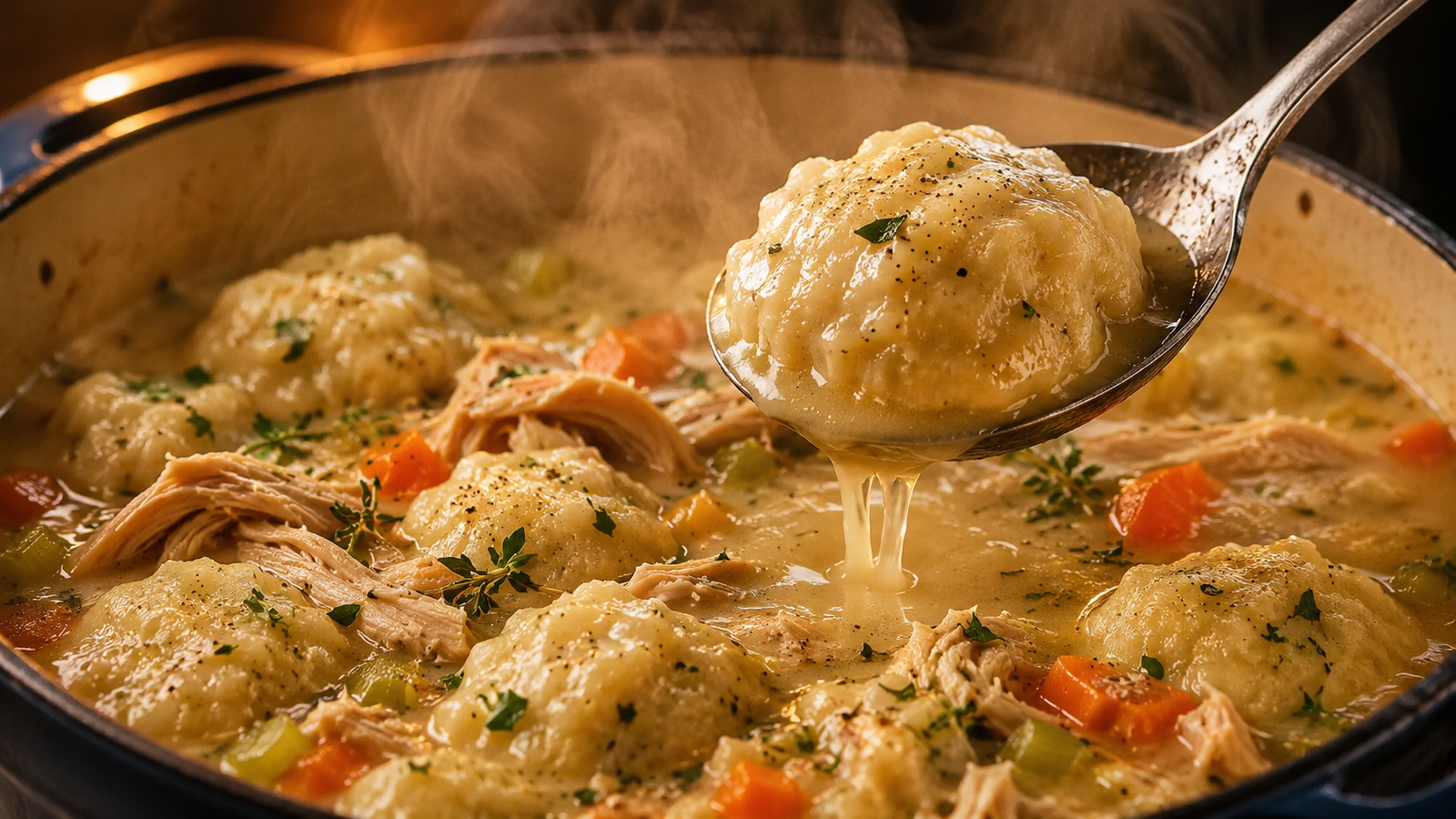 Southern Chicken and Dumplings with fluffy homemade dumplings, tender shredded chicken, carrots, celery, and creamy broth in a rustic Dutch oven, served with a spoon lifting a dumpling.
