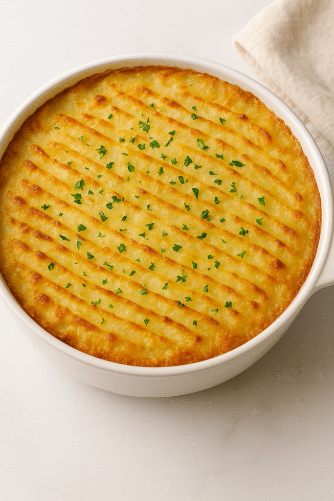 golden-brown shepherdâs pie topped with mashed potatoes and garnished with chopped parsley.â