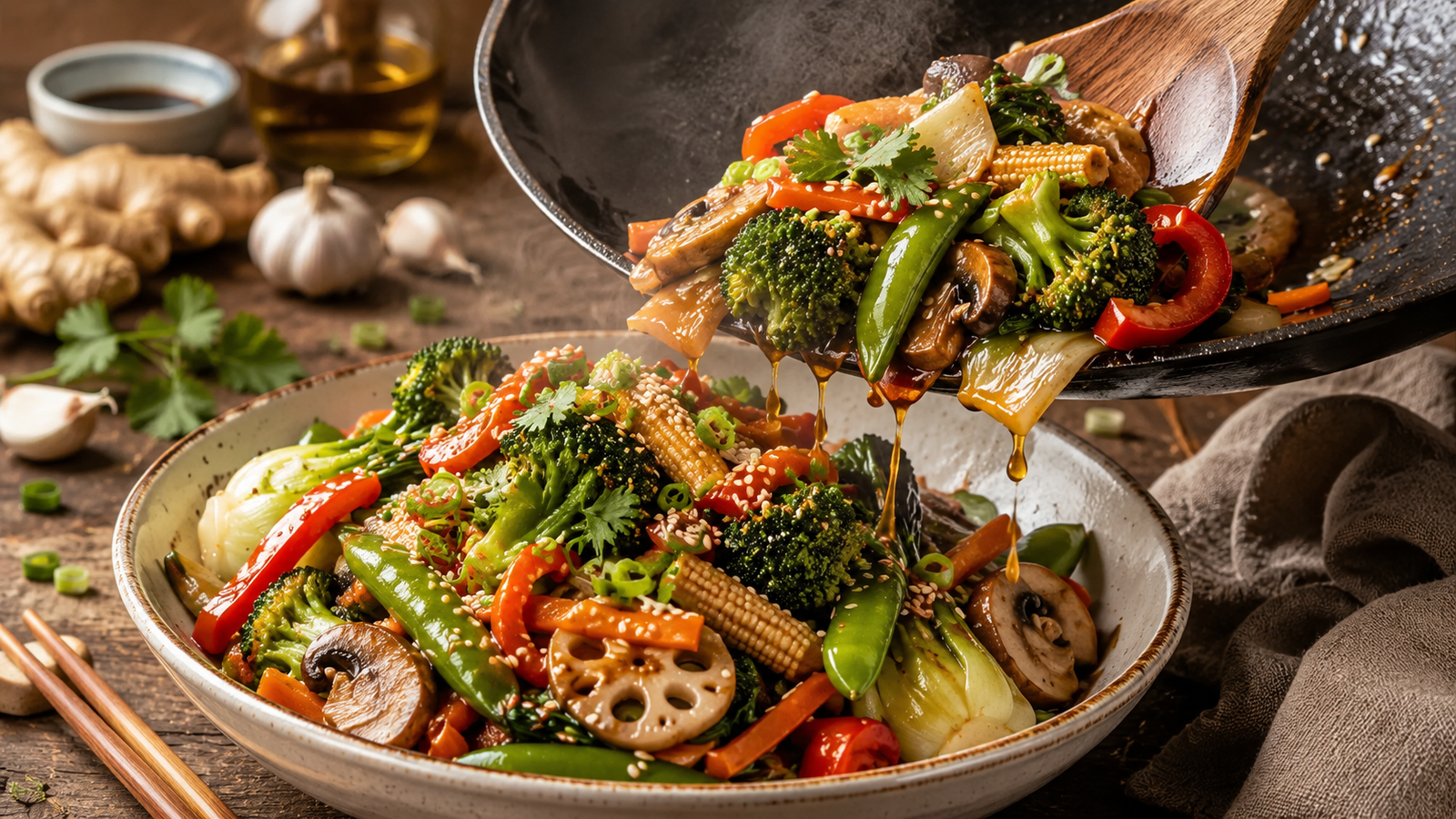 Vegetable Stir Fry with broccoli, snap peas, carrots, mushrooms, peppers, and ginger garlic soy glaze served in a rustic bowl with a wooden spatula lifting colorful vegetables.