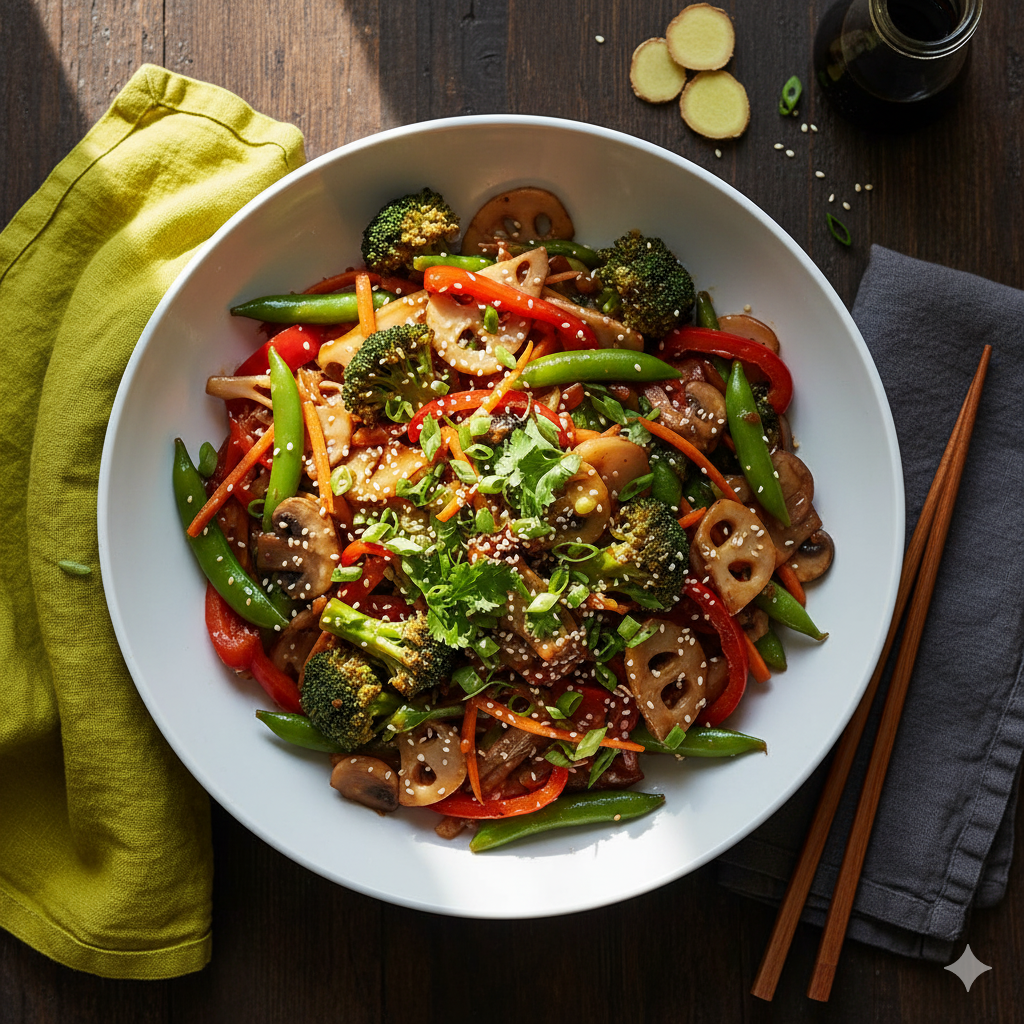 Colorful vegetable stir fry with broccoli, bell peppers, carrots, mushrooms, and snap peas in a wok.