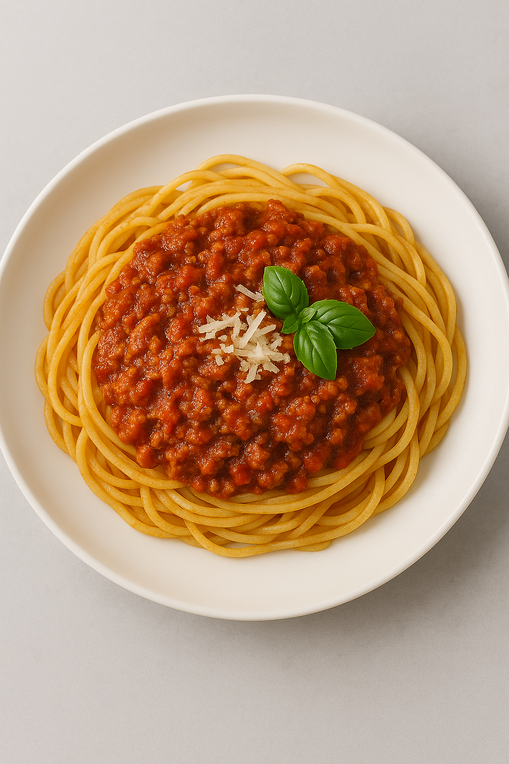 Spaghetti Bolognese topped with rich meat sauce, Parmesan, and basil leaves
