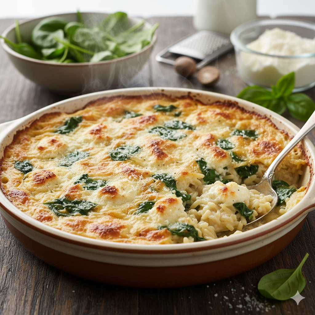 Baked ricotta spinach orzo in a creamy, cheesy casserole dish with tender pasta and wilted spinach, finished until lightly golden on top.