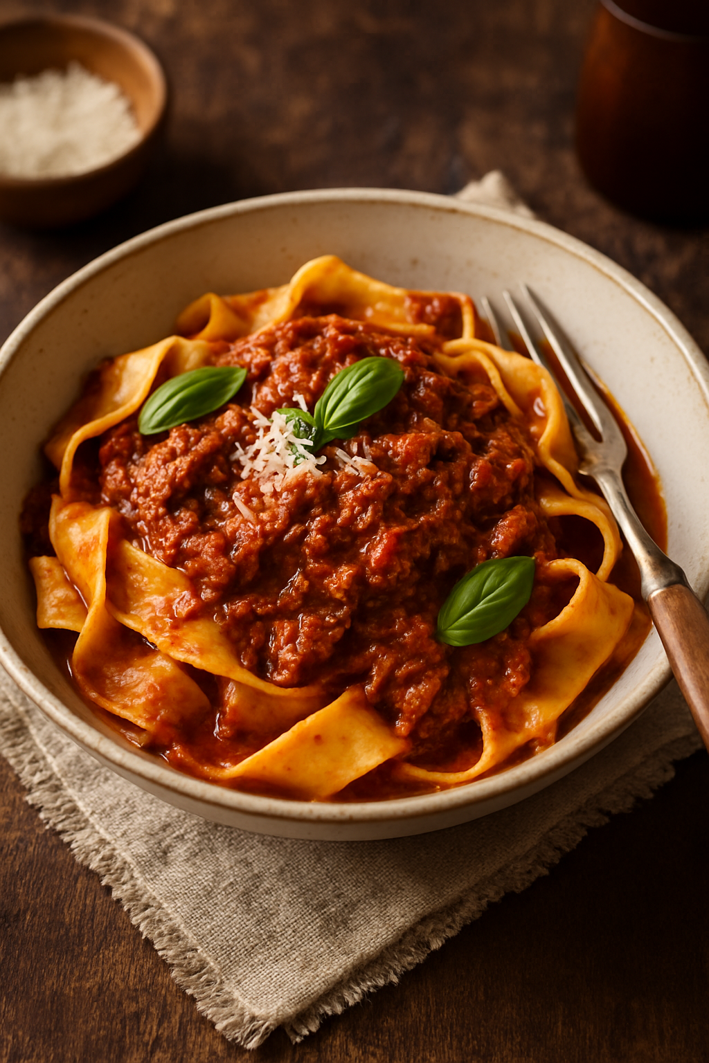 Beef ragu pappardelle with wide pasta ribbons tossed in a rich, slow-simmered meat sauce.