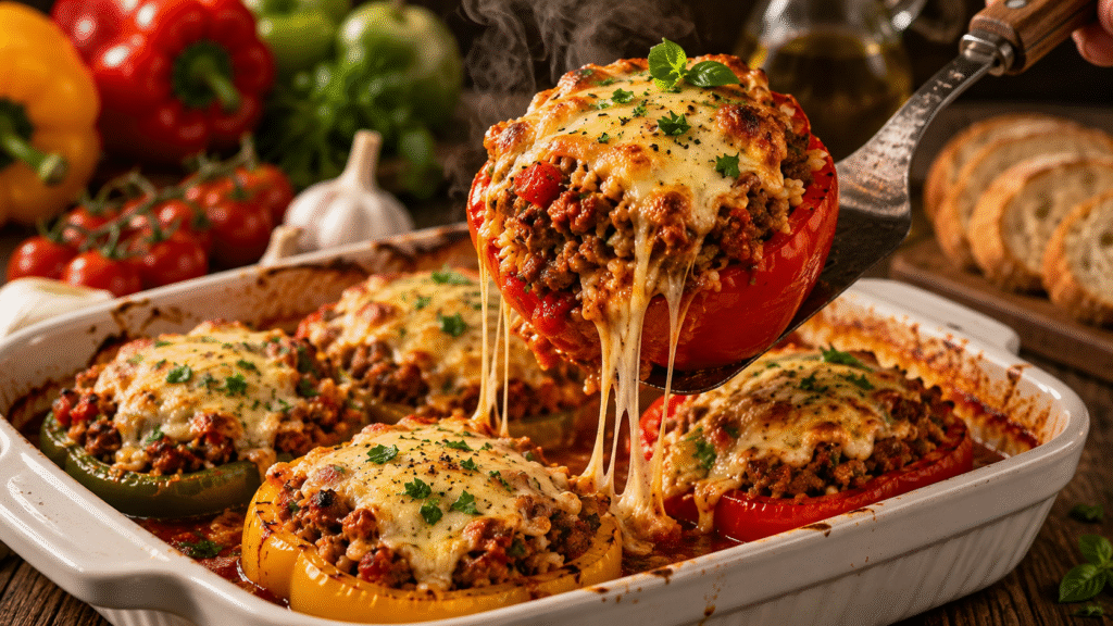 Oven-Baked Stuffed Bell Peppers filled with seasoned ground beef, rice, tomatoes, and herbs, topped with melted golden mozzarella and served in a rustic baking dish with bubbling tomato sauce.