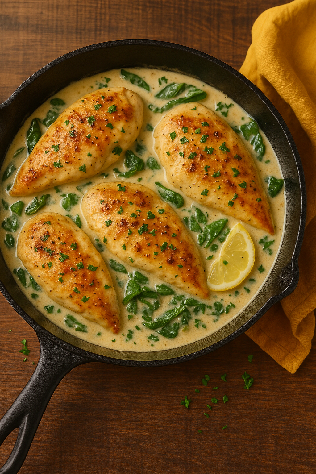 creamy garlic skillet chicken with spinach in a cast iron pan on a wooden surface.