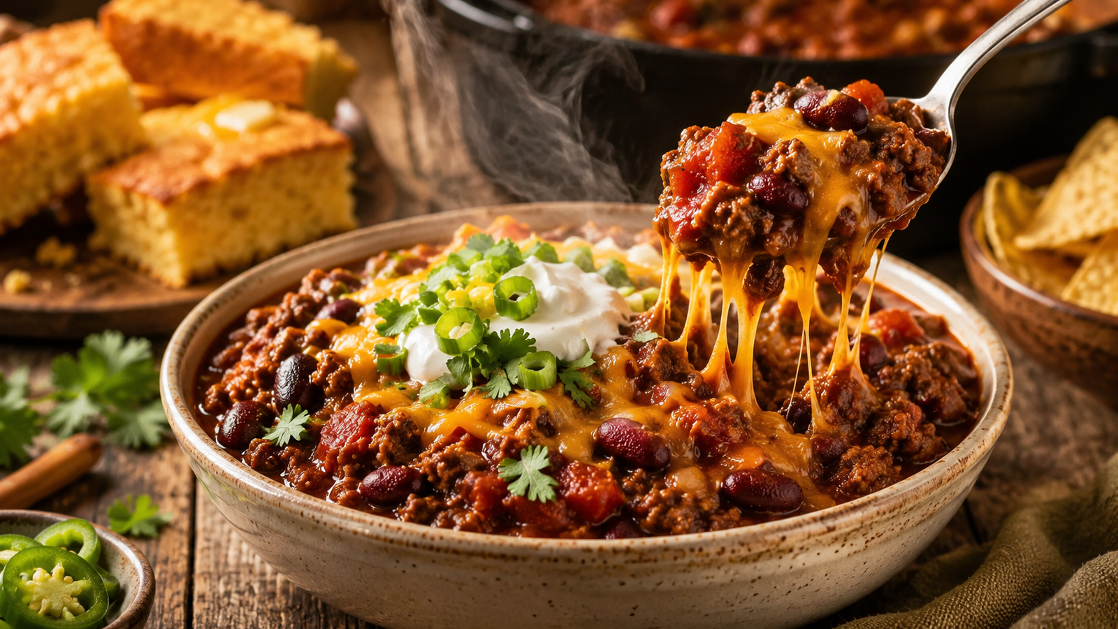 Classic Homemade Chili in a rustic ceramic bowl, loaded with seasoned ground beef, kidney beans, melted cheddar cheese, sour cream, green onions, and cilantro, with a cheesy spoonful lifted above the bowl.