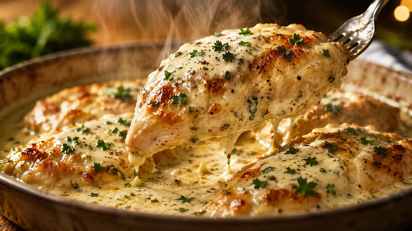 Creamy baked ranch chicken topped with rich ranch sauce and fresh parsley in a rustic serving bowl.