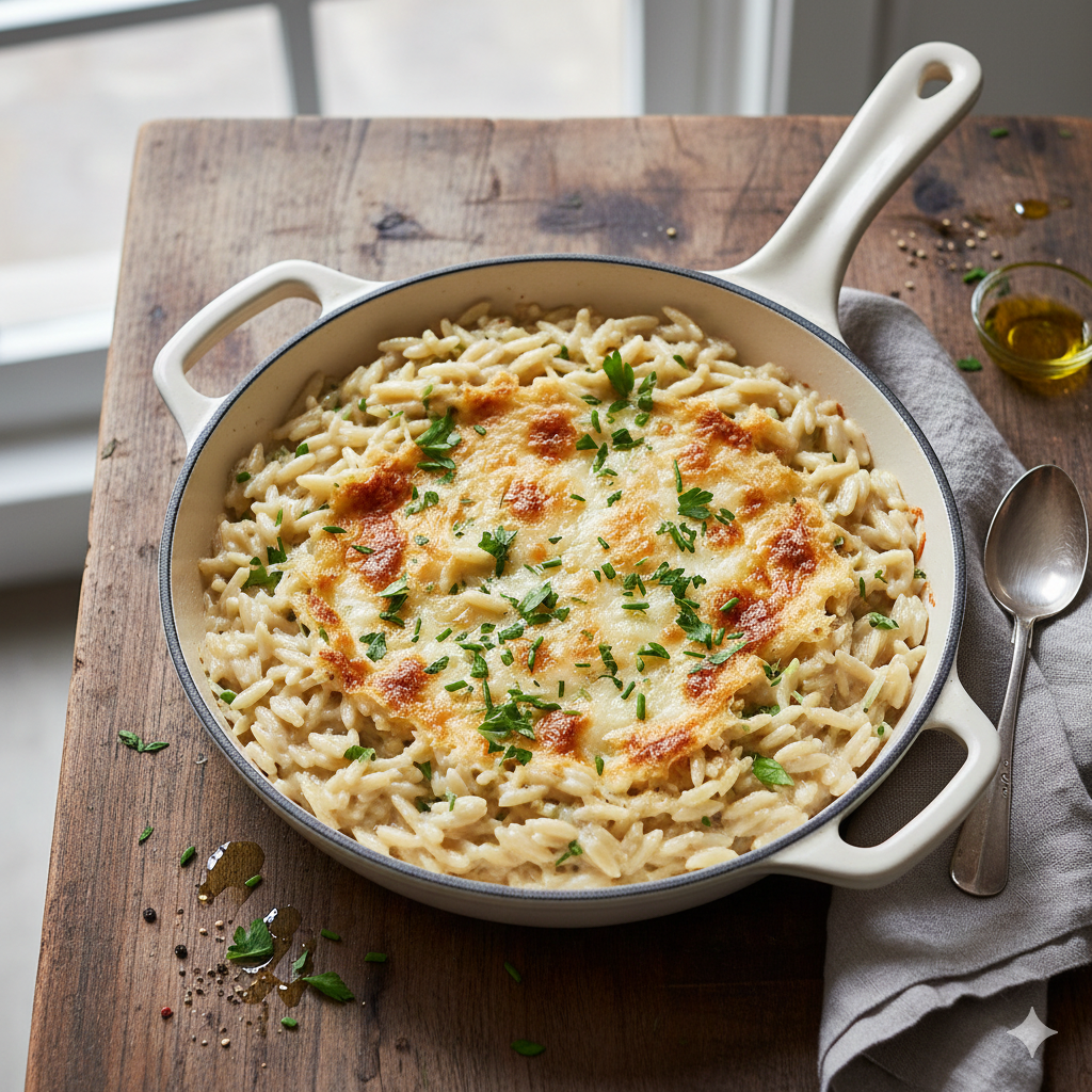 Creamy one-pot parmesan orzo in a skillet with a rich, cheesy sauce.