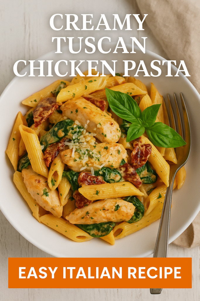 tuscan creamy chicken pasta skillet, thick parmesan cream coating farfalle, chicken seared golden with softened tomatoes, basil garnish on a glossy creamy pasta dish, warm italian herb butter foundation
