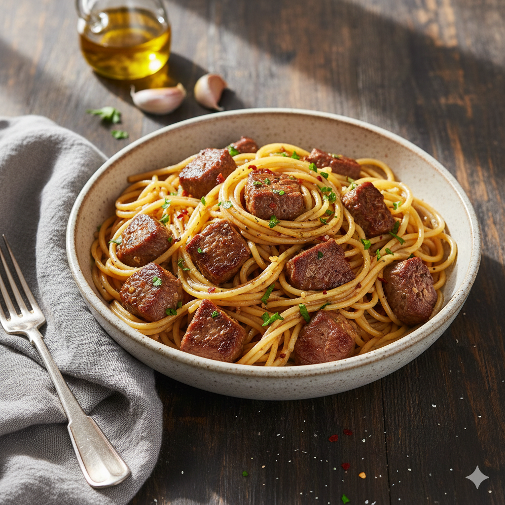 Garlic butter steak bites tossed with spaghetti in a rich buttery sauce, finished with herbs and golden seared edges.