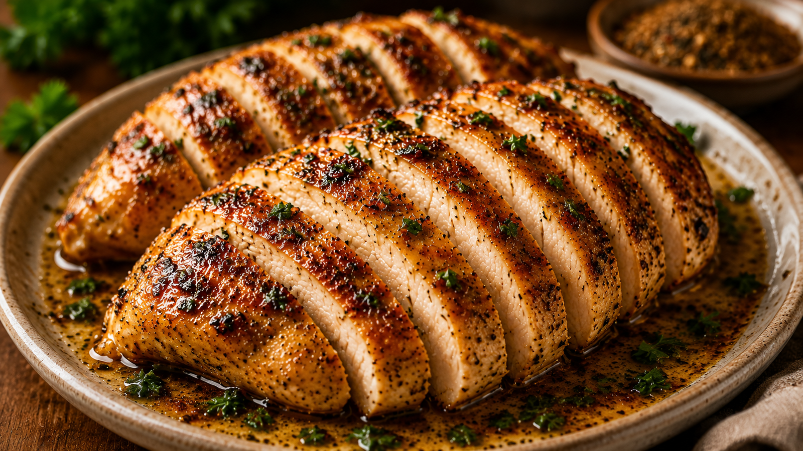 Juicy oven-baked chicken breasts sliced and arranged on a plate with a glossy herb-infused pan sauce, garnished with fresh parsley for an easy weeknight dinner.