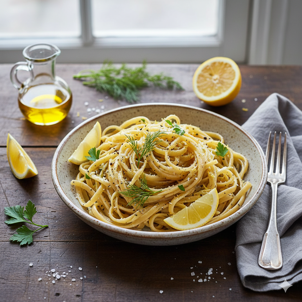 Creamy lemon herb fettuccine tossed in a light garlic cream sauce, topped with parmesan, fresh parsley, and lemon zest in a rustic bowl.